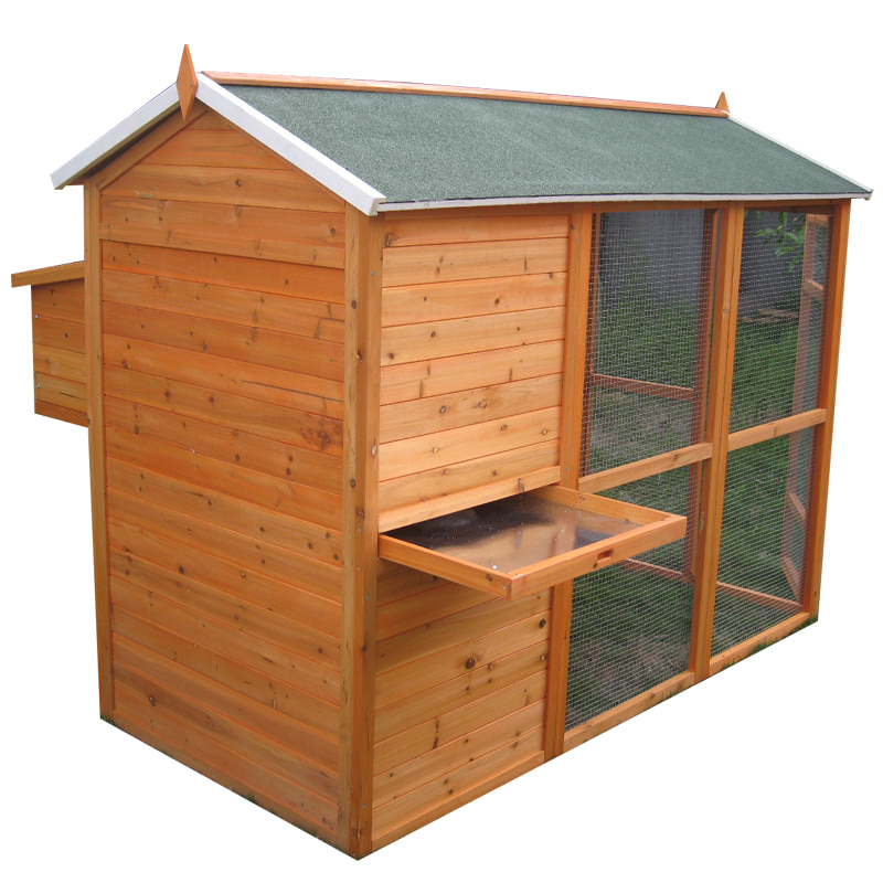 Wooden chicken coop with easy egg collection