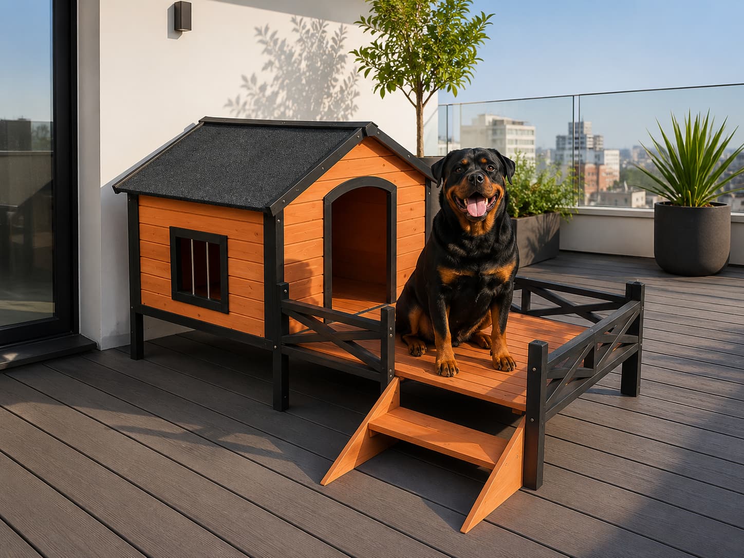 Rottweiler sitting on the elevated porch of a wooden dog house on a modern balcony with city views.