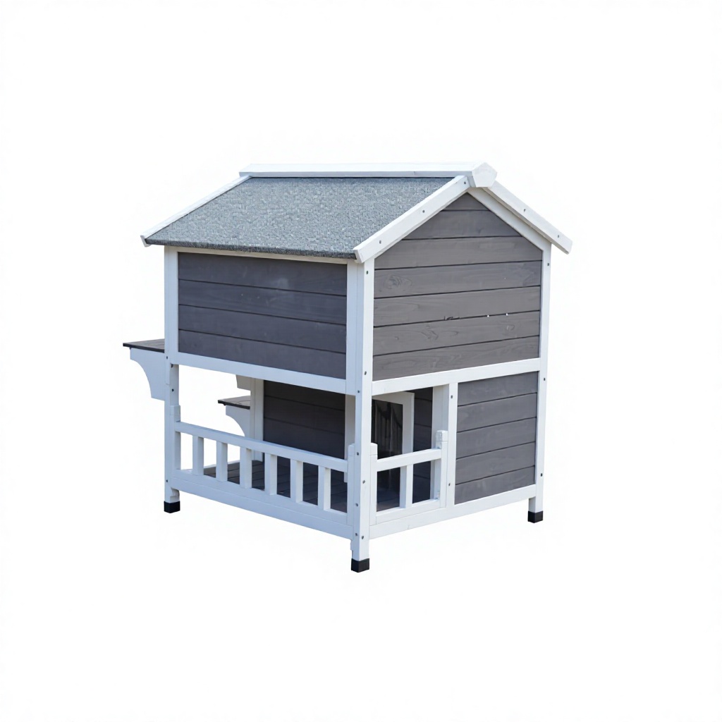 Full view of an elegant grey and white wooden cat house with a pitched asphalt roof, balcony steps, and raised moisture-proof feet on a white background.