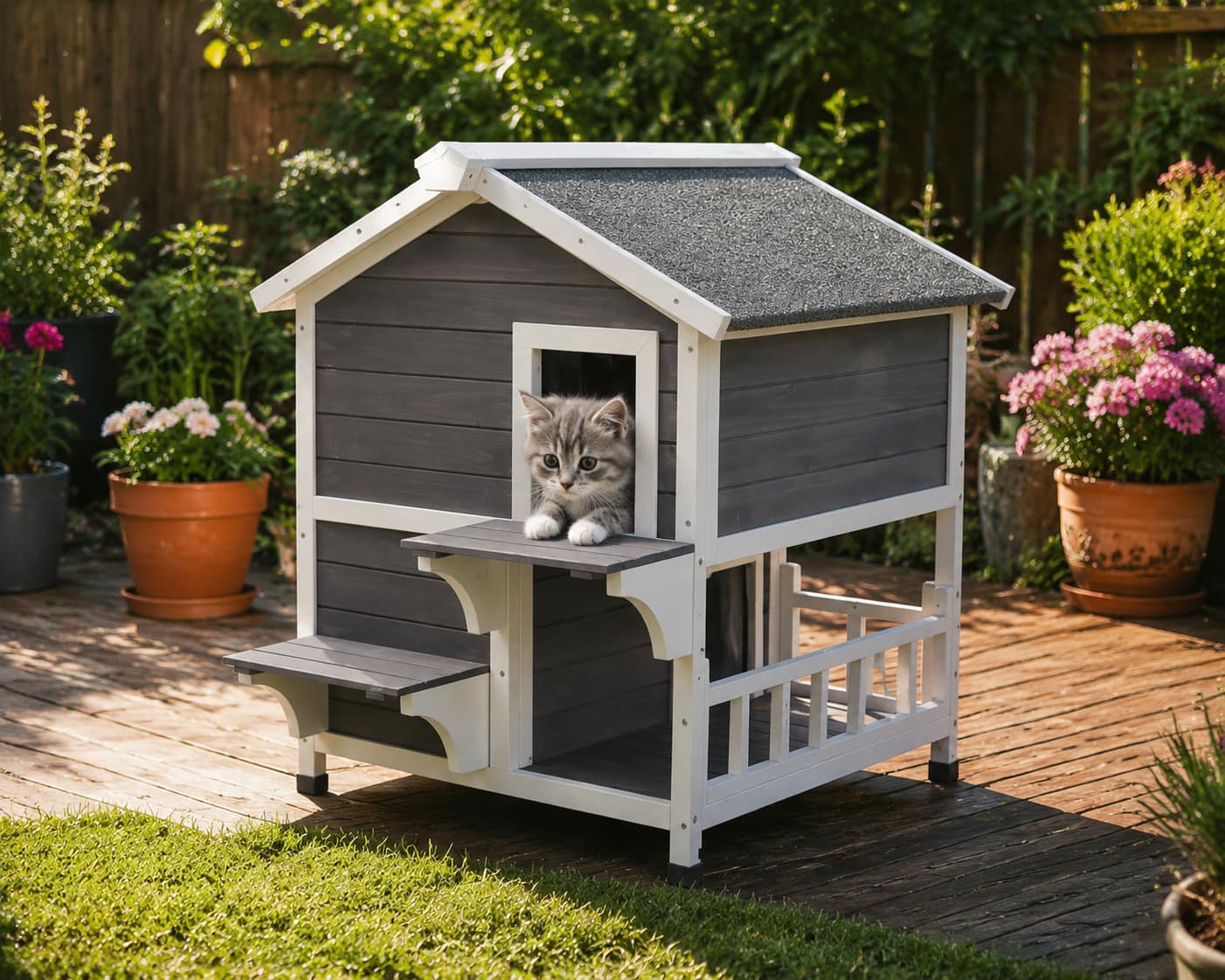 Grey tabby cat resting inside the arched window of an elevated wooden cat shelter with steps, surrounded by potted flowers on an outdoor deck.