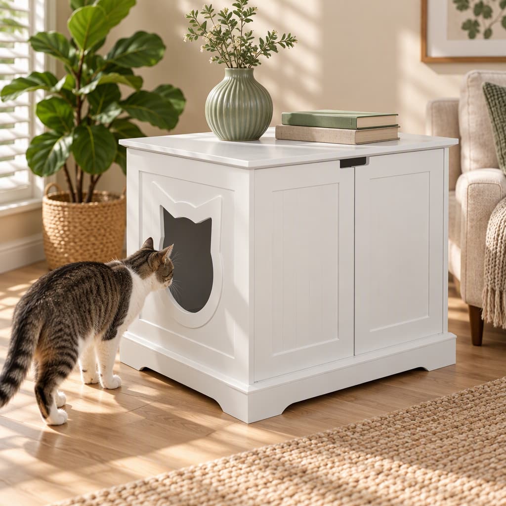 Multi-angle view of a white cat litter box cover: closed front door with house-shaped entry, open door showing interior space, side panel with X-frame design, and back panel with 9-hole ventilation for odor control.