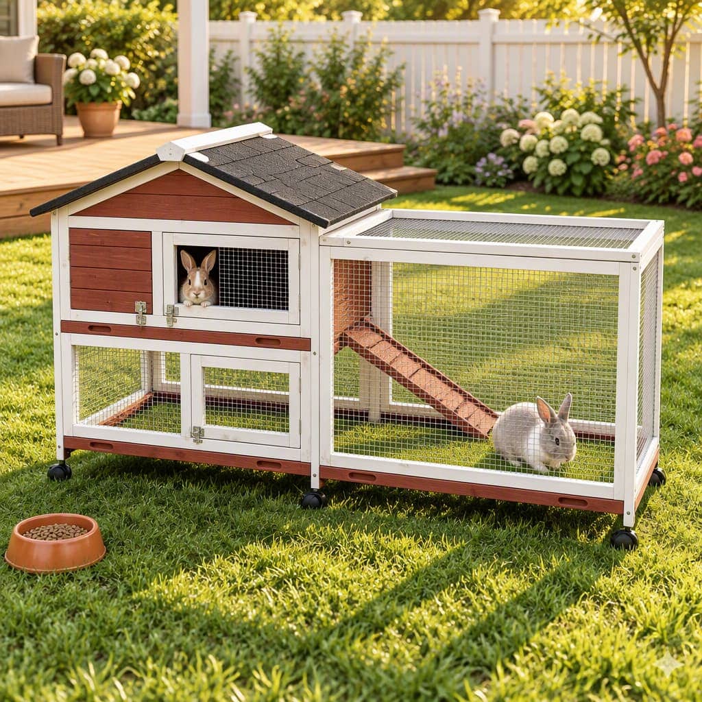 Two rabbits active in a wooden two-story hutch on a sunny lawn, one in the cozy shelter and the other in the airy run area, showing real-life usage.
