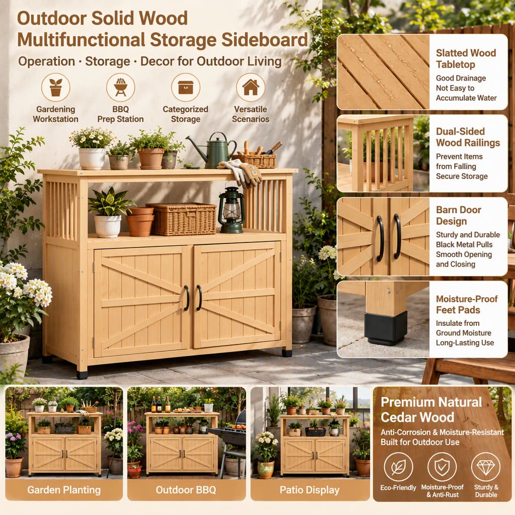 Features: Slatted Tabletop, Moisture-Proof Pads, Dual-Sided Railings